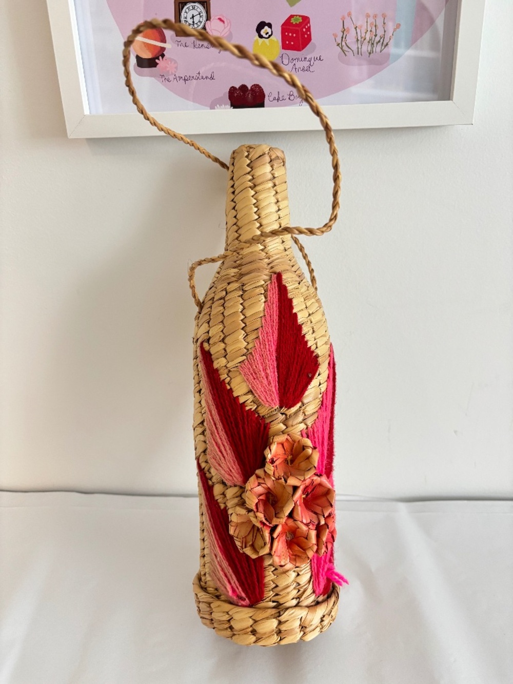 Vintage woven straw & sea grass wine bottle carrier leaf embroidery flower